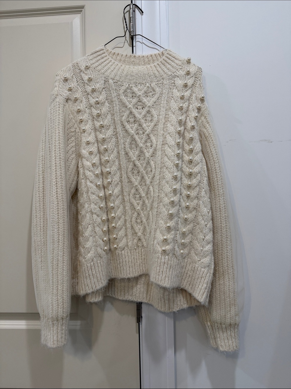 Zara Cream Cable Knit Crewneck Sweater with Pearl Trim